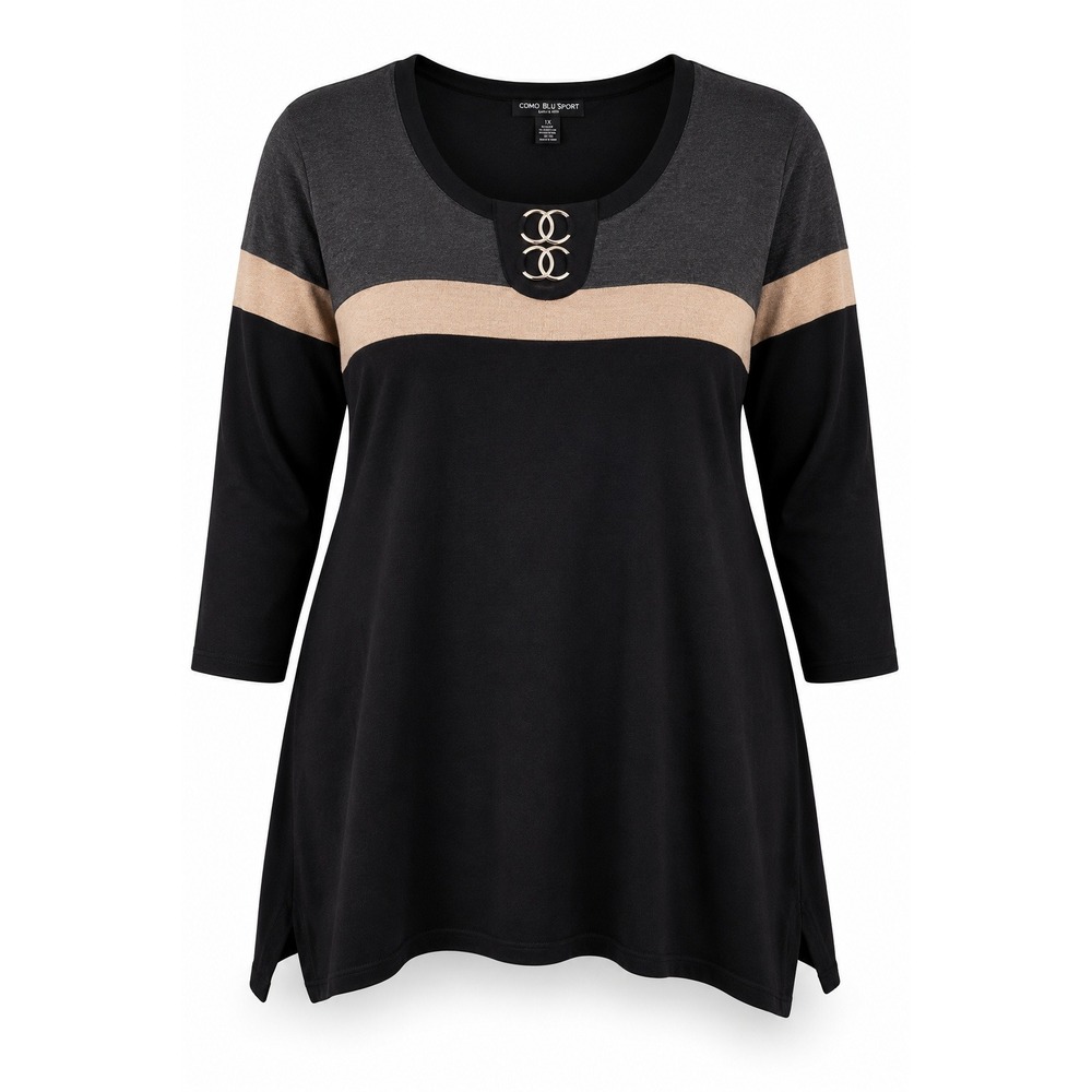 Cable & Gauge 2X Black Colorblock Tunic Sweater 3/4 Sleeve Gold Hardware Top